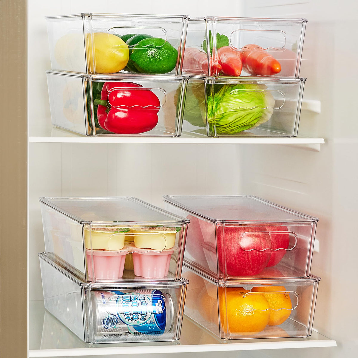 Vtopmart fridge bin with handles makes pulling items from the back simpler.