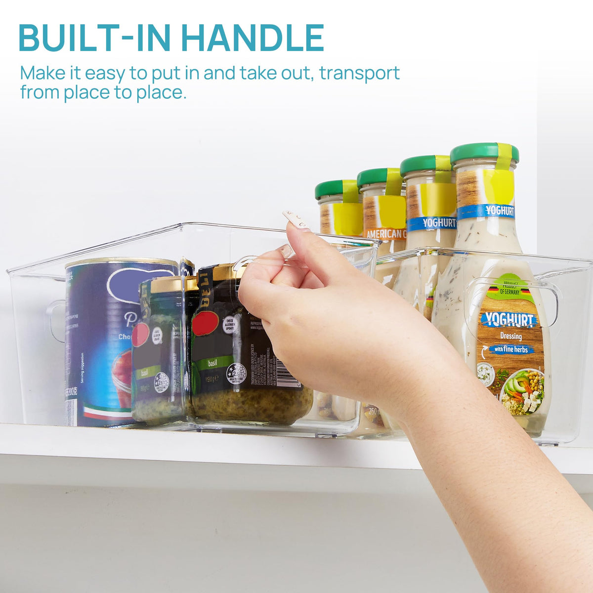 Vtopmart fridge organizer bin keeps fruits and yogurts neatly visible.