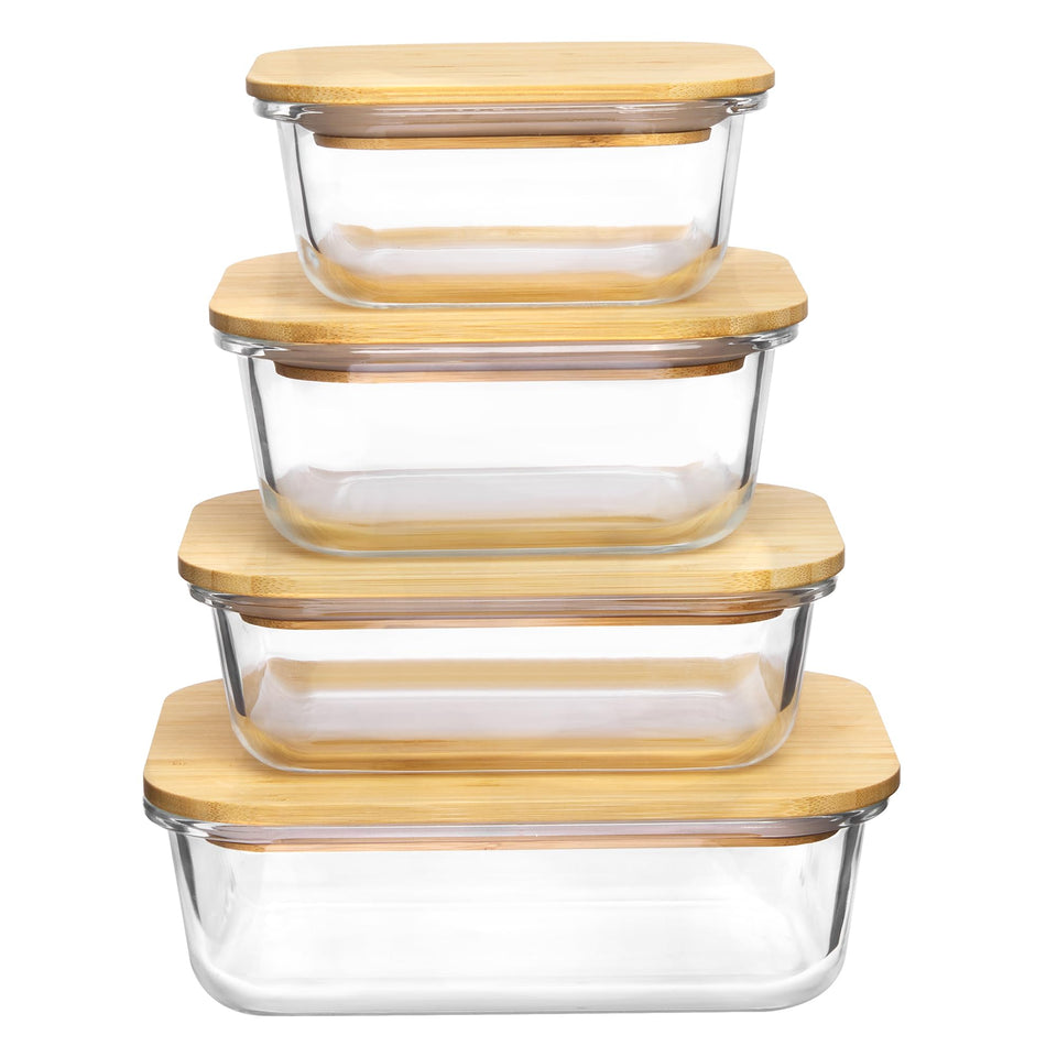 Vtopmart glass containers rectangle front view, four sizes, ideal for meal prep.