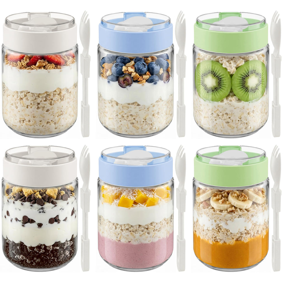 Vtopmart glass jar with spoon and compartment, 16 oz, 6-pack for oats.