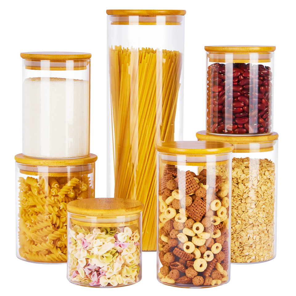 Vtopmart glass jars for pantry organization with seven sizes.