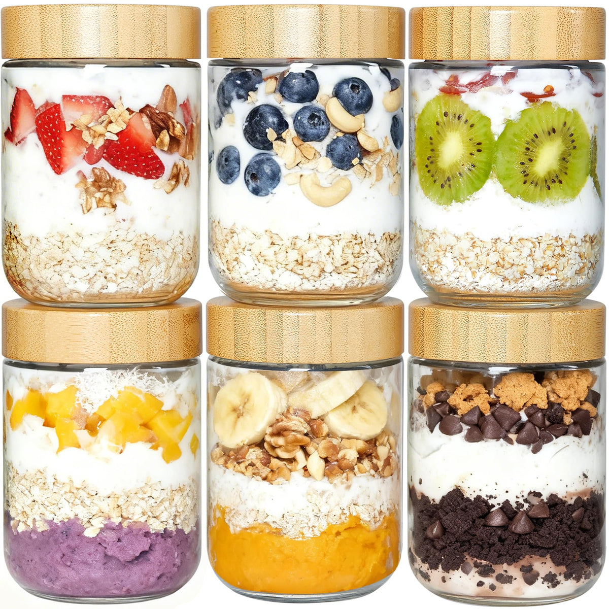 Vtopmart glass overnight oats container six-pack for organized meal prep.