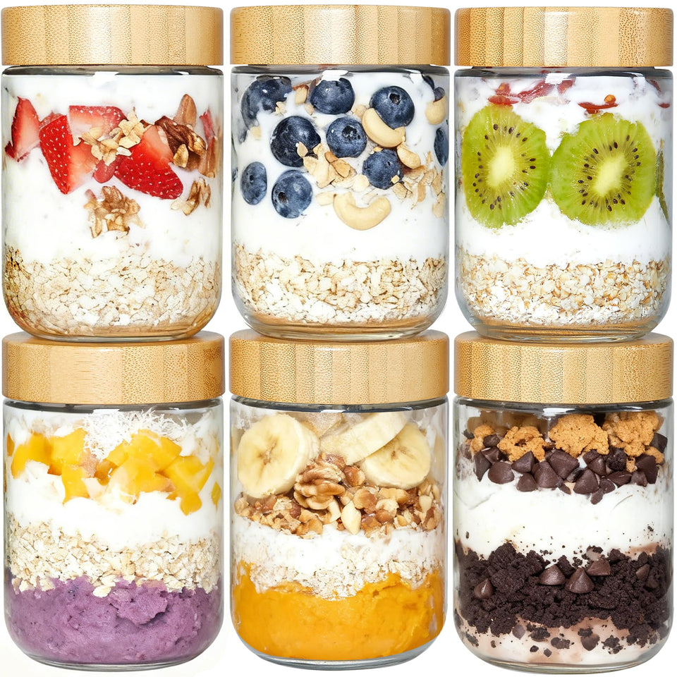 Vtopmart glass overnight oats container six-pack for organized meal prep.