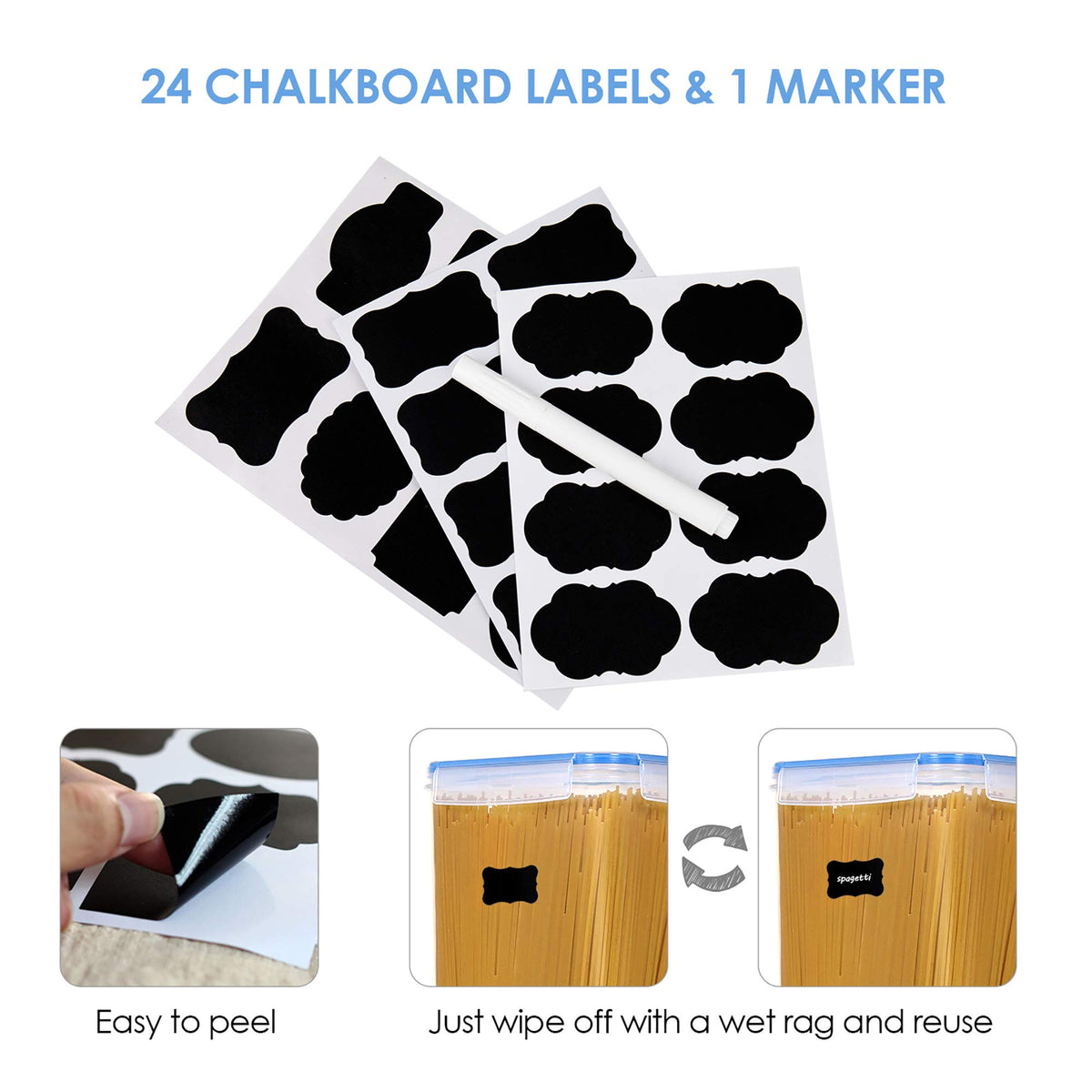 Vtopmart reusable pantry labels simplify content swapping.