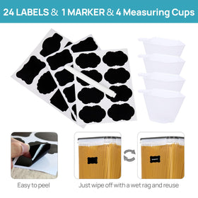 Vtopmart measuring cups and 24 labels to organize ingredients.