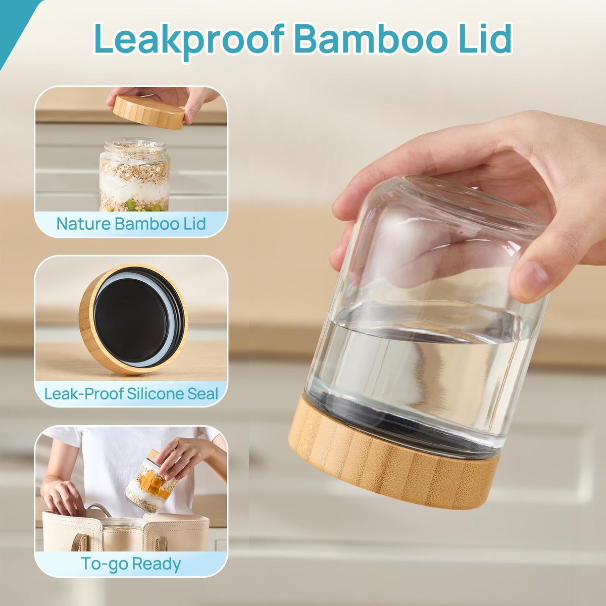 Vtopmart minimalist transparent glass with bamboo lid adds stylish storage.