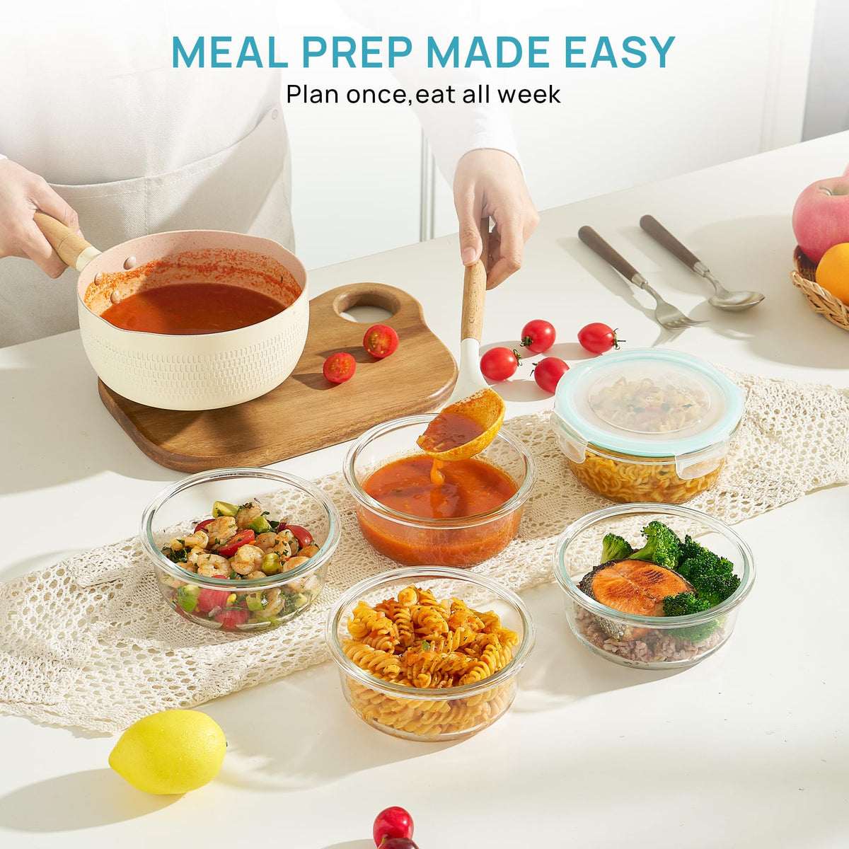 Vtopmart glass containers safe for oven and microwave, ideal for reheating meals.