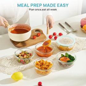 Vtopmart glass containers safe for oven and microwave, ideal for reheating meals.