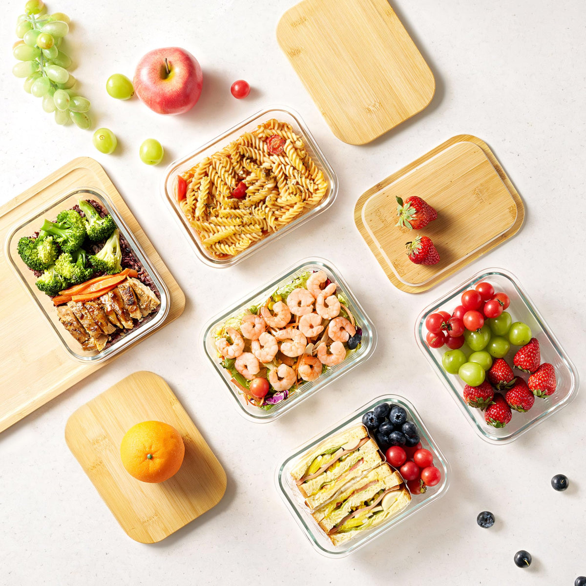 Vtopmart borosilicate glass containers withstand oven and microwave use without lids.