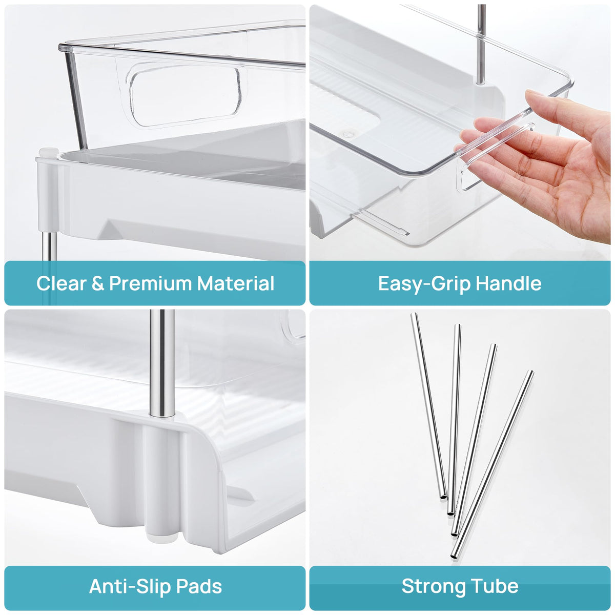 Vtopmart four-pack solution helps organize bathroom, pantry, and kitchen spaces.