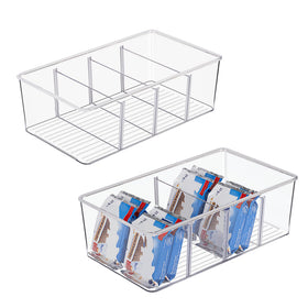 Vtopmart packet organizer bin with four compartments for easy snack and packet separation.