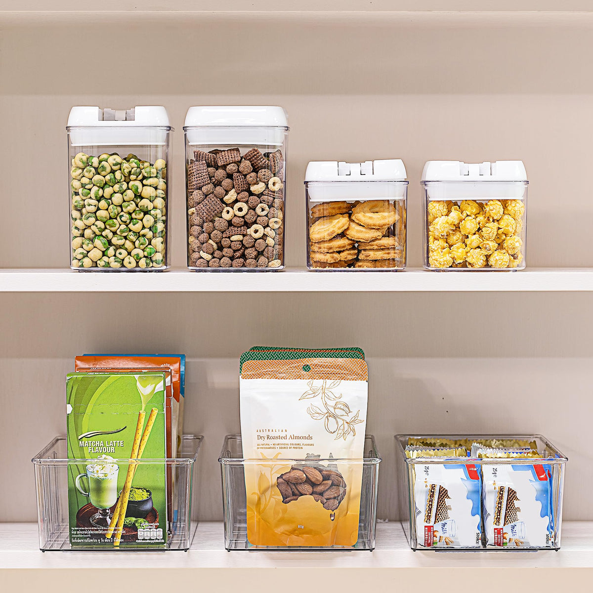 Vtopmart pantry and kitchen organization with clear, lightweight bins.