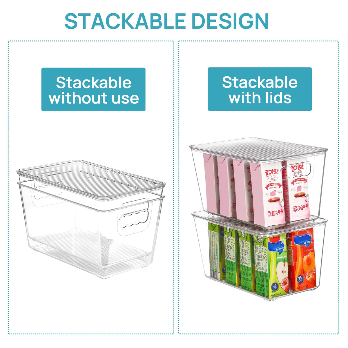 Vtopmart pantry organization bin helps store drinks and snacks neatly.