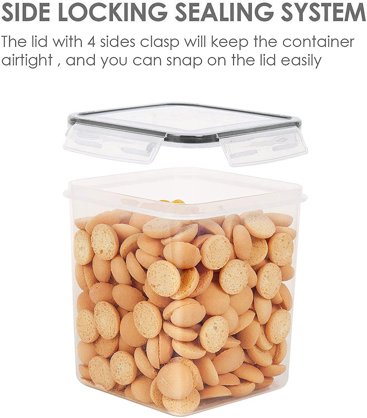 Vtopmart side-locking lid close-up highlights a secure seal for freshness.