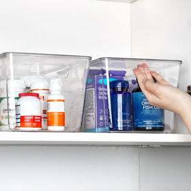 Vtopmart stackable bin fits cabinets and maximizes vertical space.