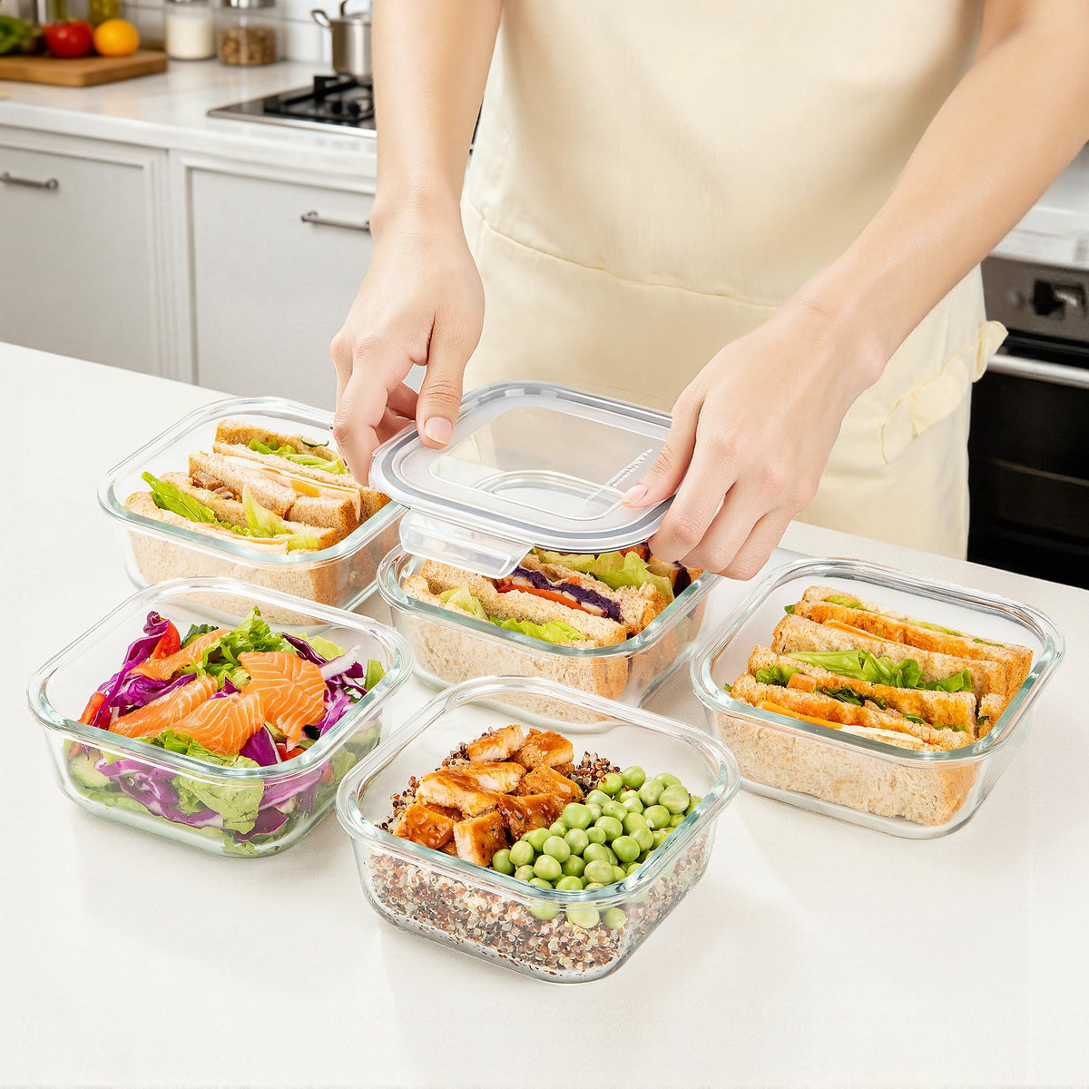 Vtopmart stackable design helps maximize fridge and cabinet organization.