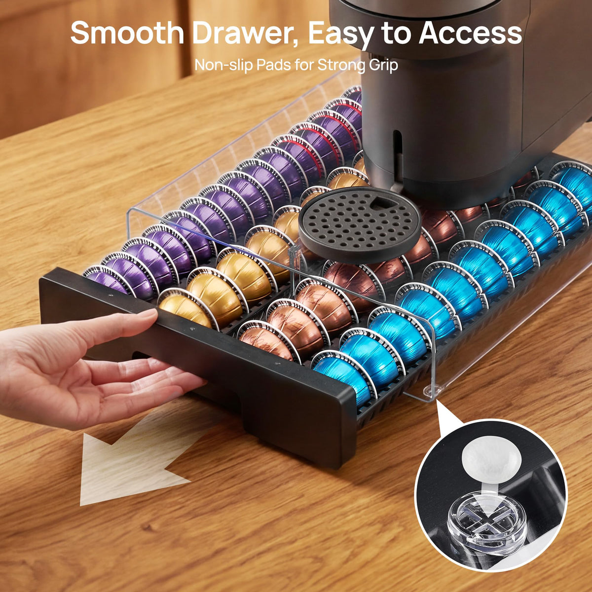 Top-down countertop view highlights organized Vertuo pods