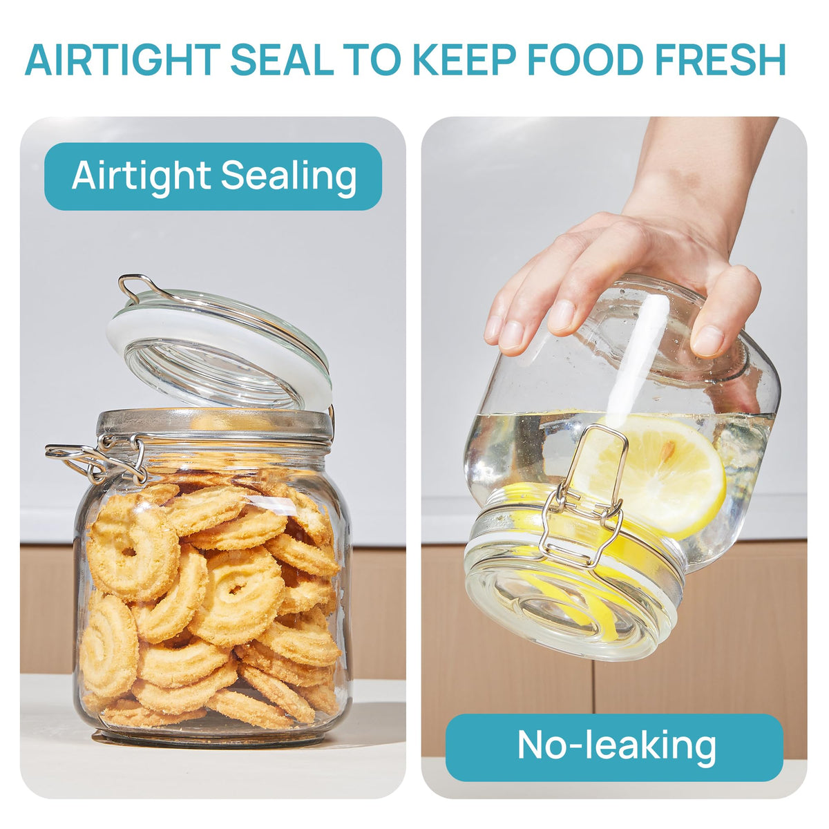 Vtopmart transparent glass jars on counter highlight easy content detection.