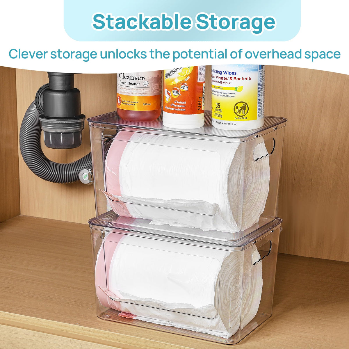 Vtopmart stackable design saves vertical space in cabinets and under sinks.