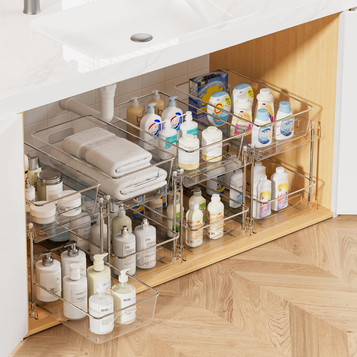 Vtopmart under-sink 2-tier organizer keeps cosmetics visible and accessible.