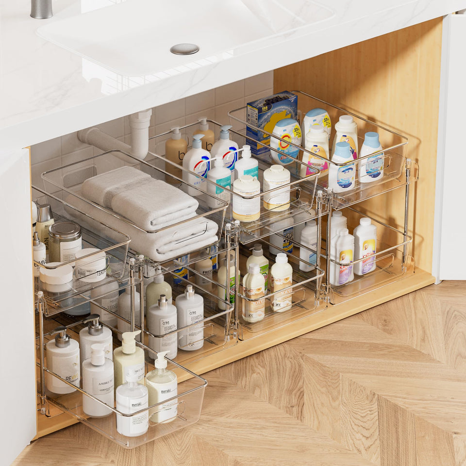 Vtopmart under-sink 2-tier organizer keeps cosmetics visible and accessible.