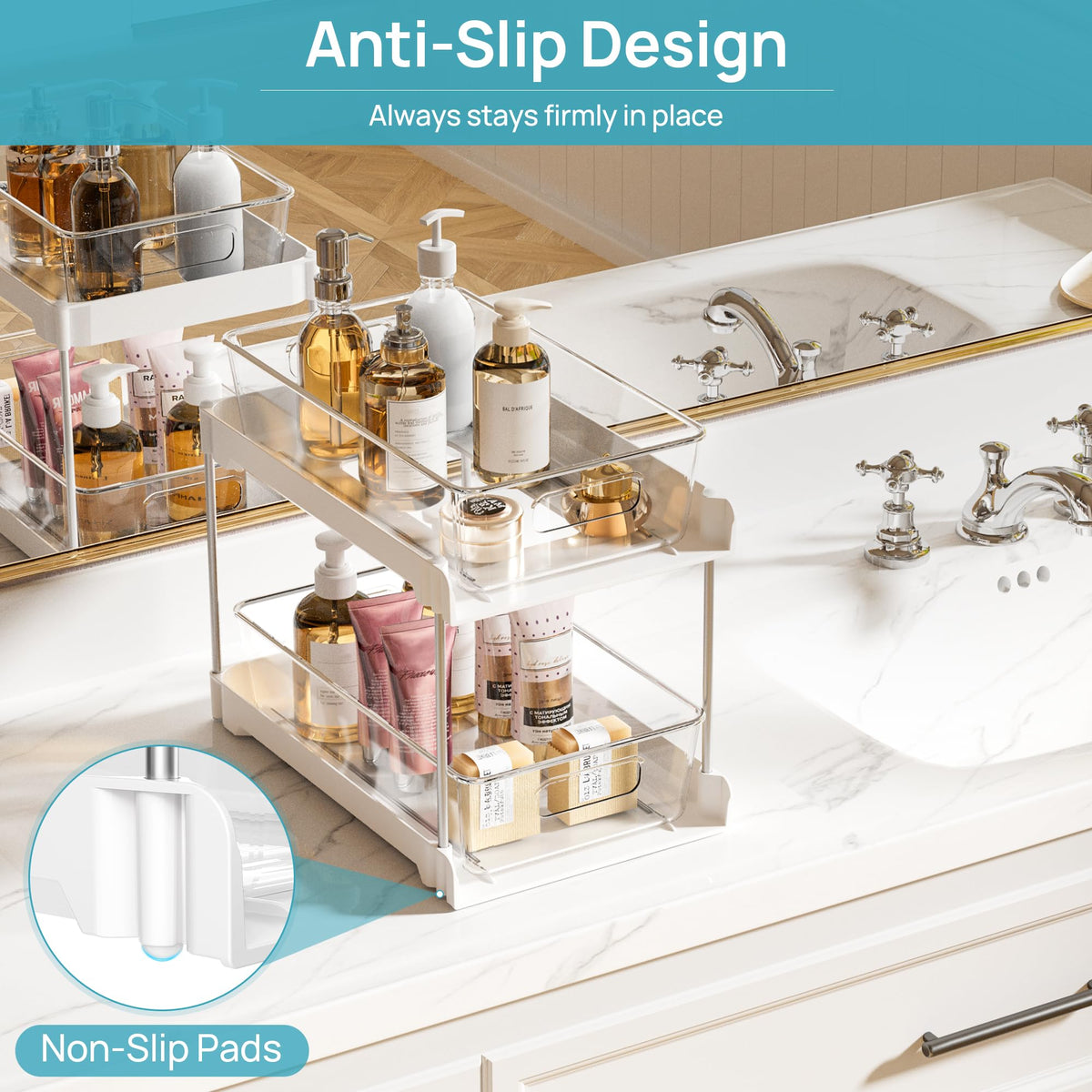 Vtopmart compact under-sink design fits around pipes for efficient vertical storage.