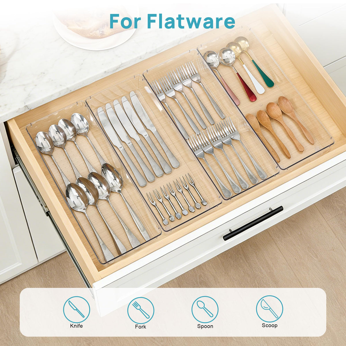 Vtopmart clear plastic trays fit vanity, kitchen, and office drawers for versatility.