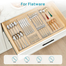 Vtopmart clear plastic trays fit vanity, kitchen, and office drawers for versatility.