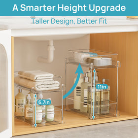 Vtopmart white vanity storage basket keeps items neatly organized on countertop.