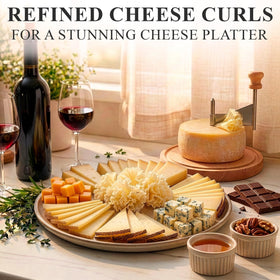 Cheese curls forming delicate roses on a board with V TOWER.