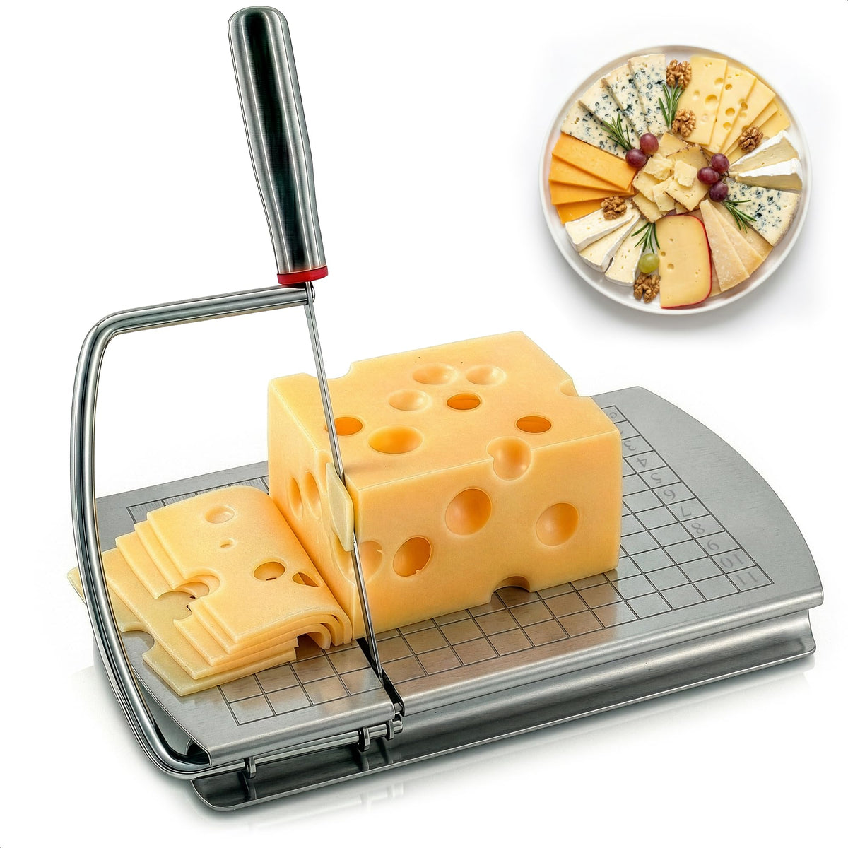 V TOWER cheese slicer base provides stable cutting for neat cheese portions.
