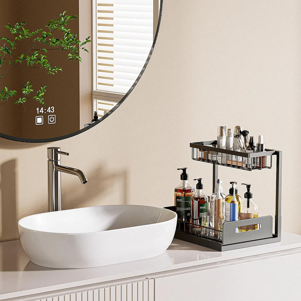 VUSIGN mesh bottom shelf prevents water pooling under the sink.