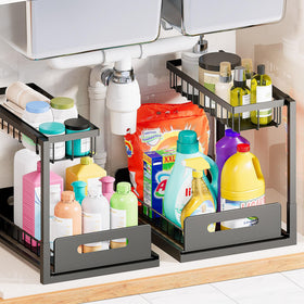 VUSIGN two-tier under-sink organizer keeps cabinets tidy and accessible.