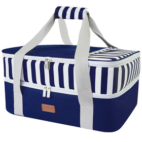 Vuudh casserole carrier blue front view with double deck design for convenient picnics.