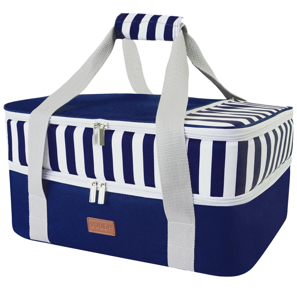 Vuudh casserole carrier blue front view with double deck design for convenient picnics.
