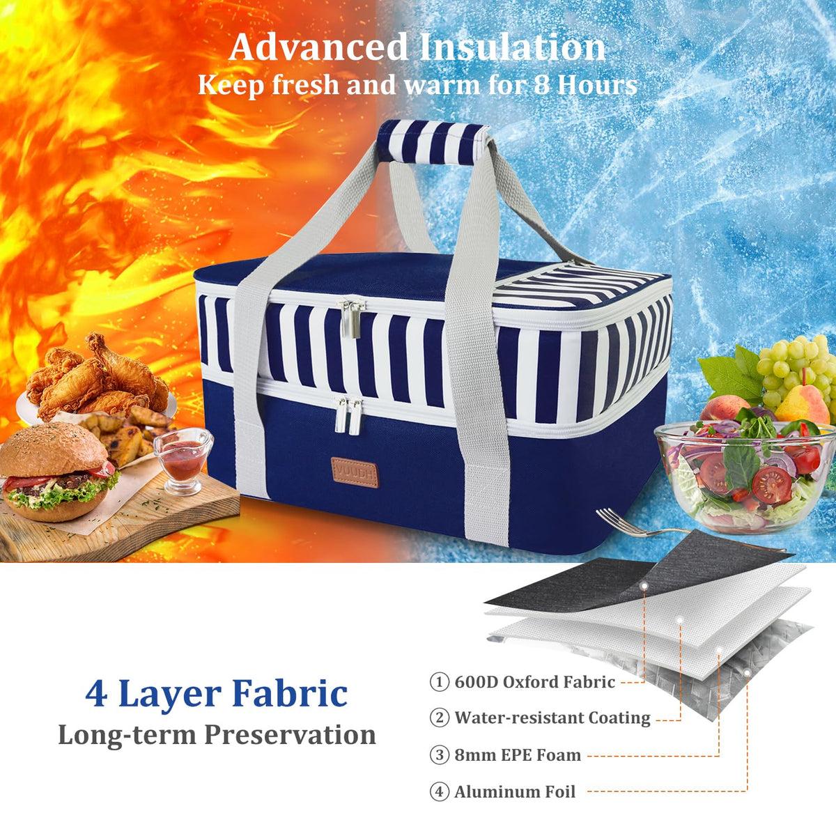Vuudh insulated double-decker compartments keep hot and cold dishes separated and fresh.