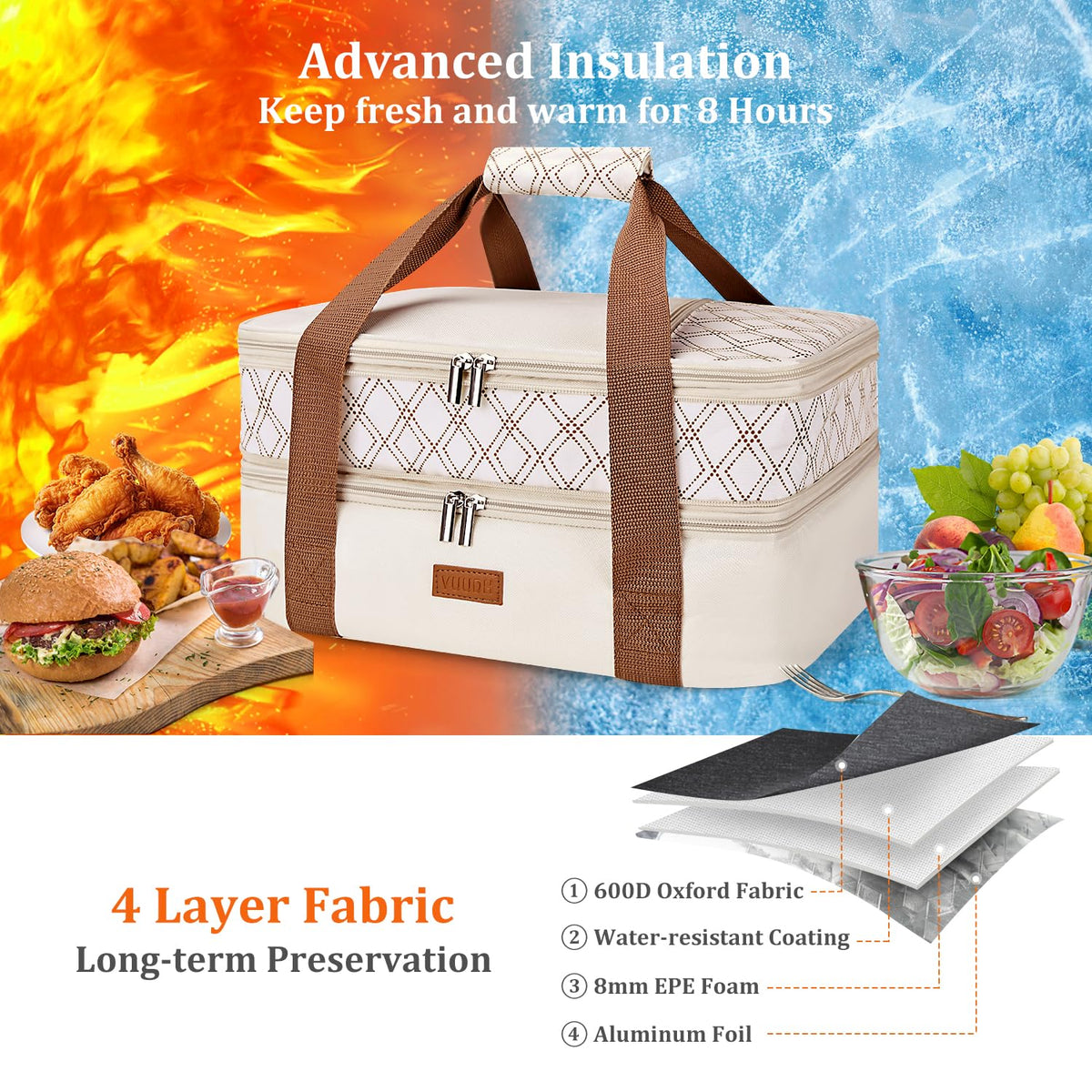 Vuudh double-decker bag insulated to keep hot and cold foods fresh during travel.