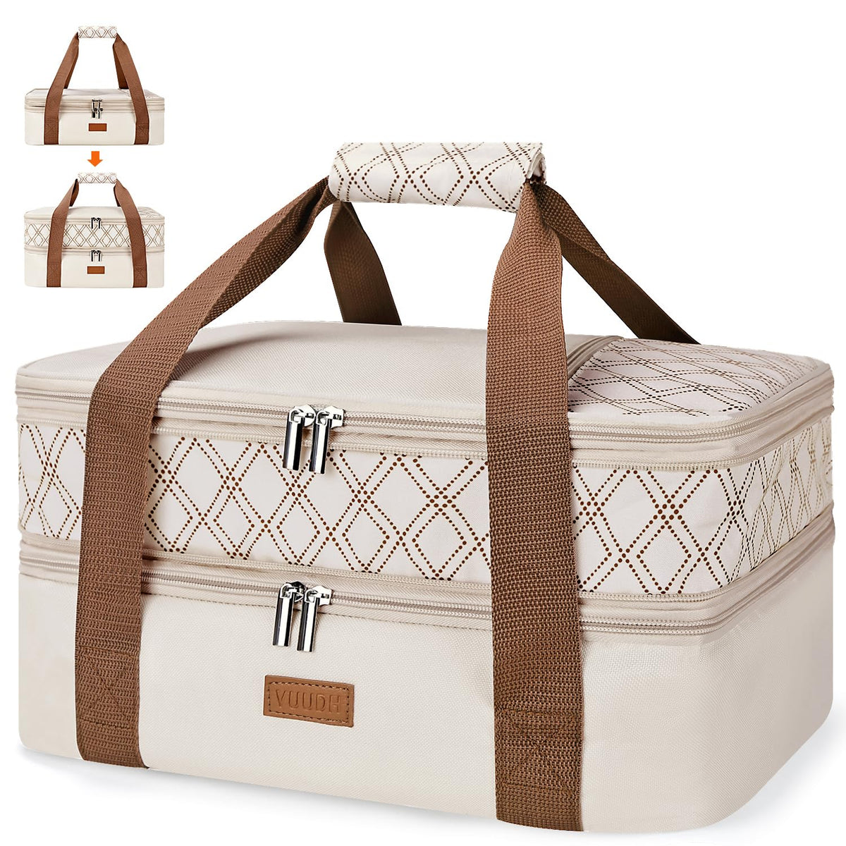 Vuudh expandable casserole carrier top compartment with extra space for large dishes at picnics.