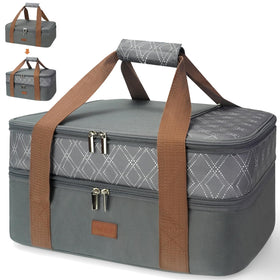Vuudh expandable casserole carrier with expanded top compartment for potluck transport.