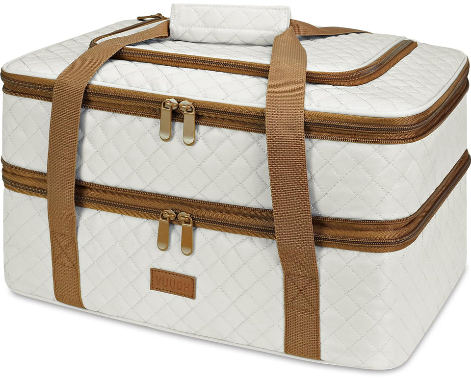 Vuudh quilted insulated casserole carrier front view highlights durable fabric and ample room to keep food warm.