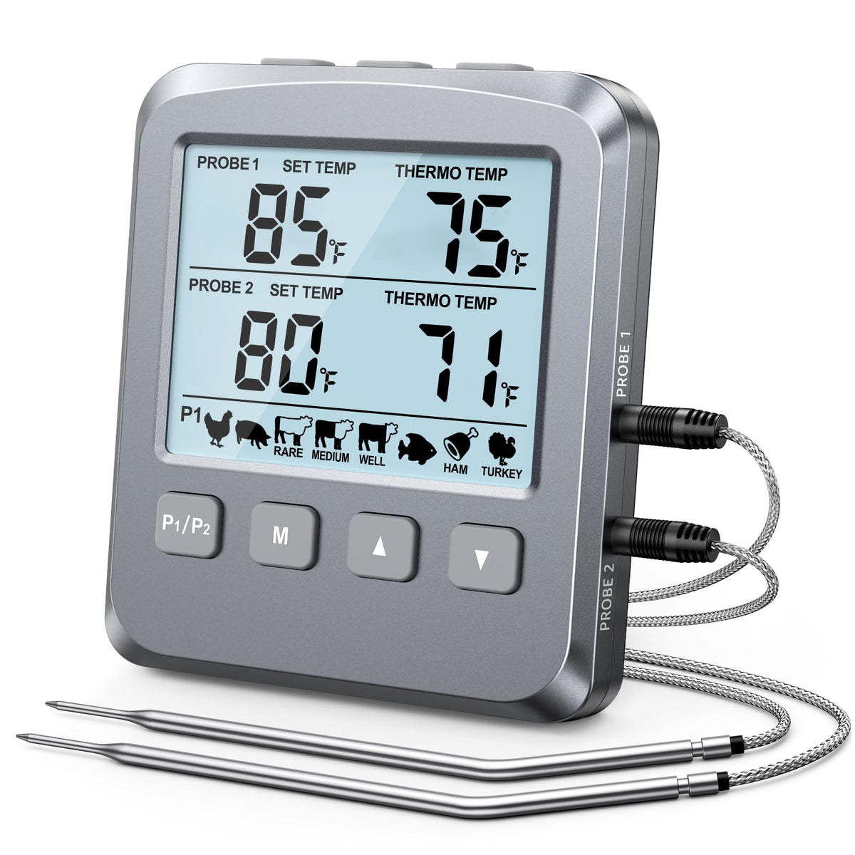 Vuwwey dual-probe meat thermometer showing simultaneous readings for two cuts.