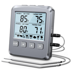 Vuwwey dual-probe meat thermometer showing simultaneous readings for two cuts.