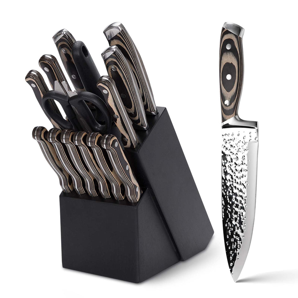 Vvwgkpk 15-piece knife set with wooden block, organized for easy access and storage.