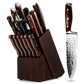 Vvwgkpk 15-piece knife set with wooden block keeps blades sharp and ready