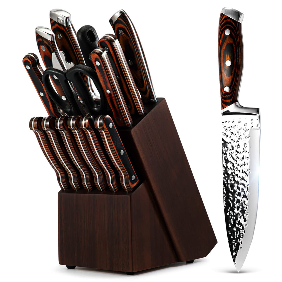 Vvwgkpk 15-piece knife set with wooden block keeps blades sharp and ready