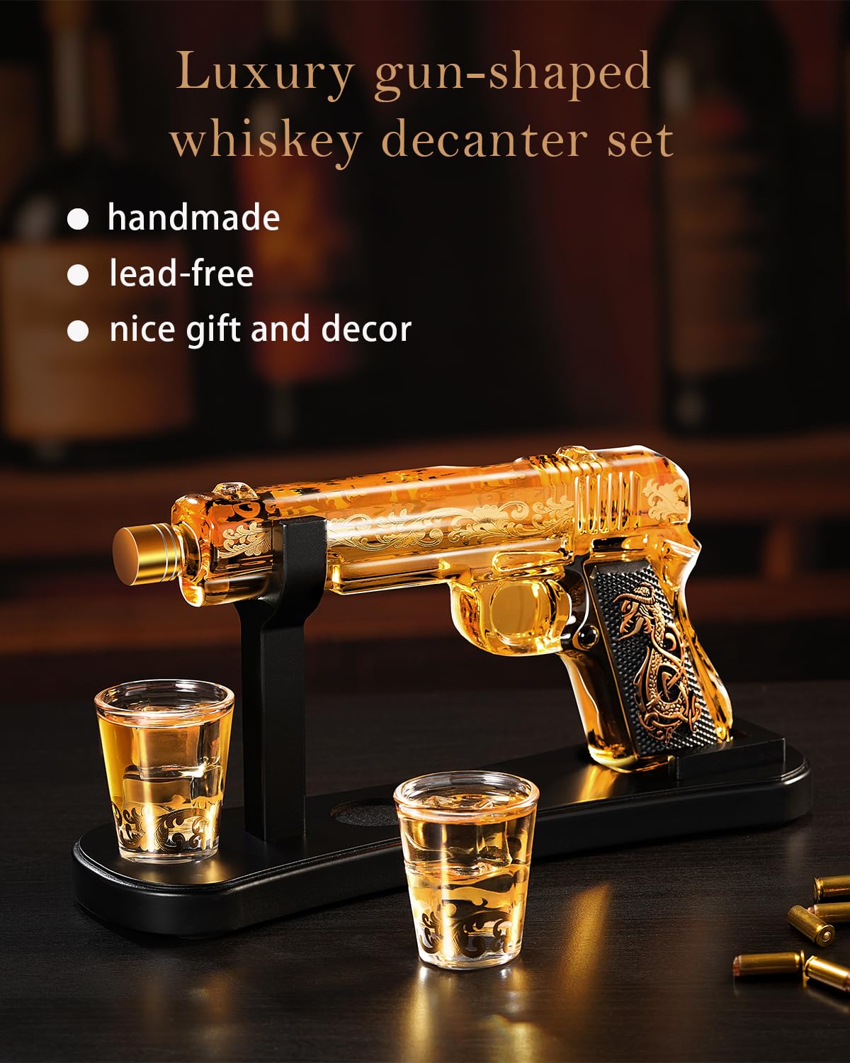 VYLPM gun-shaped decanter on wooden stand highlights craftsmanship