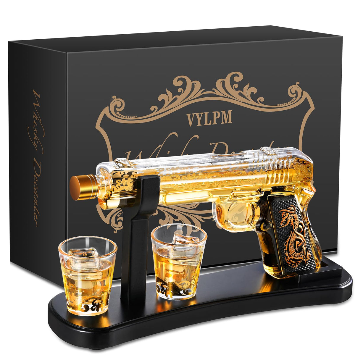 VYLPM gun-shaped decanter left view shows lead-free glass preserving whiskey flavors