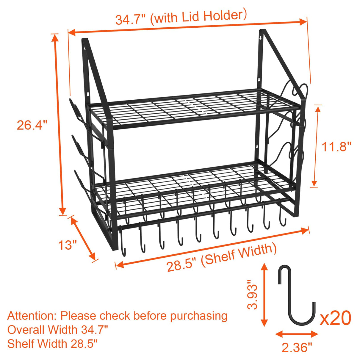 VyGrow rack showing 20 movable hooks for pots and utensils.