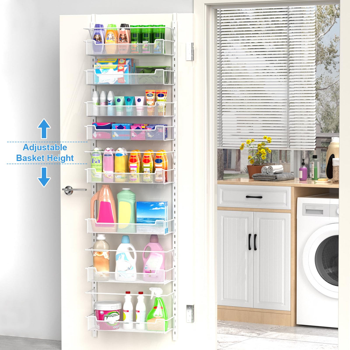 VyGrow adjustable baskets with fence lines keep tall items upright.