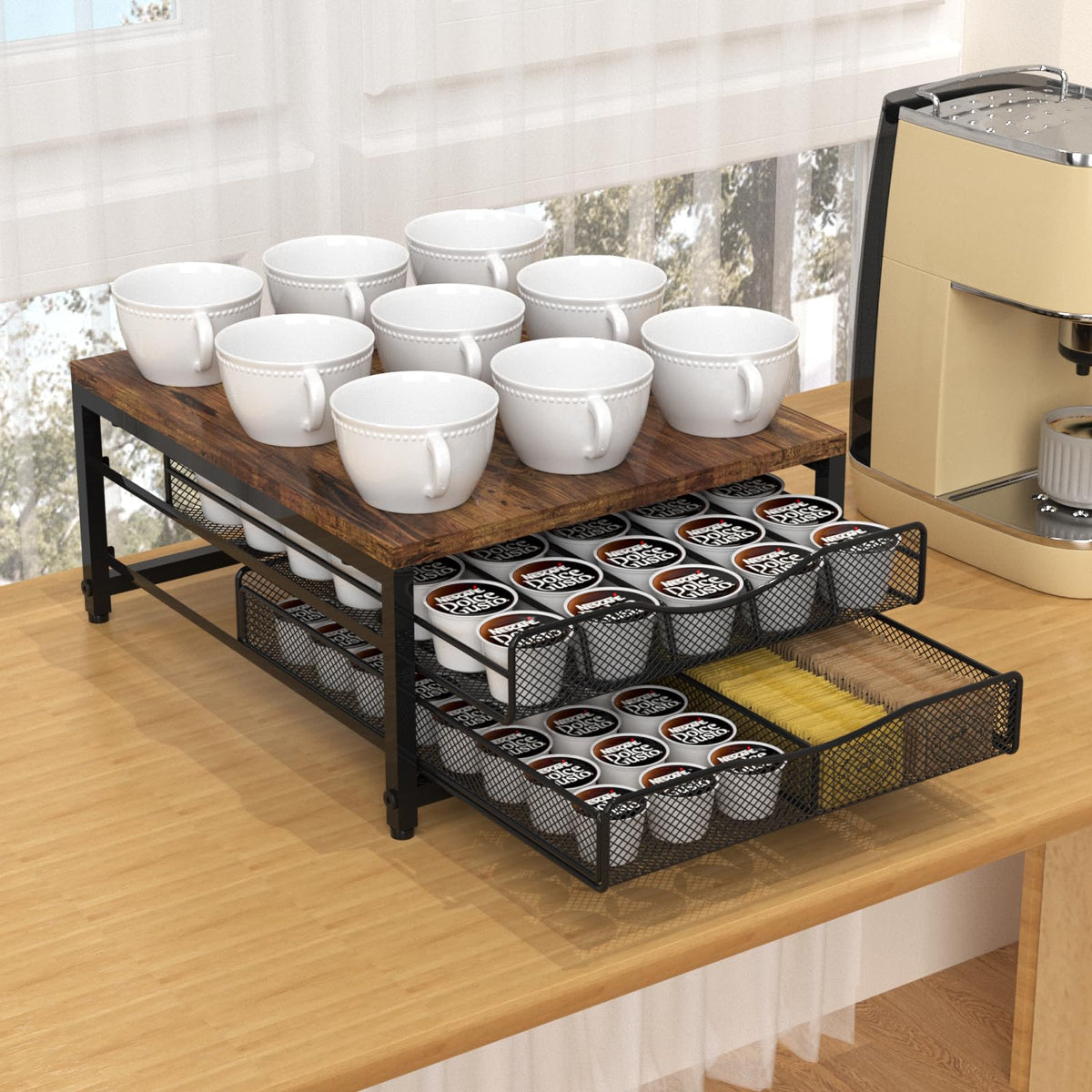 VyGrow coffee station setup demonstrates organized pod storage and accessibility.